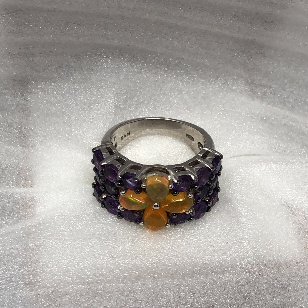 Ethiopian Opal & Rhodolite Ring Rhodium Over Sterling Silver Band Size 5.75 - Picture 3 of 16